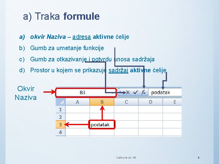 a) Traka formule a) okvir Naziva – adresa aktivne ćelije b) Gumb za umetanje
