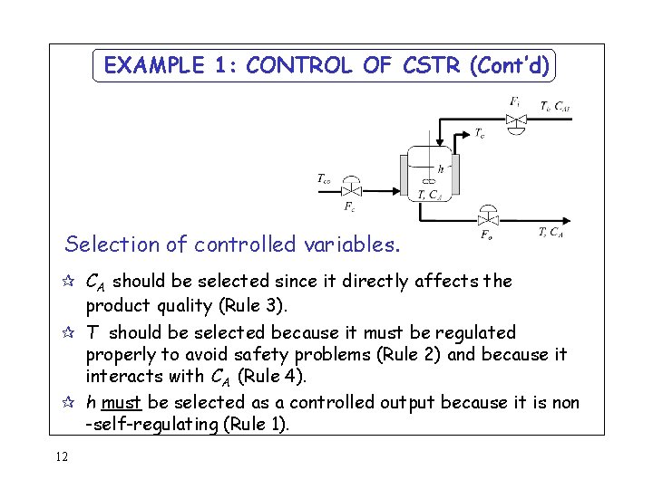 EXAMPLE 1: CONTROL OF CSTR (Cont’d) Selection of controlled variables. ¶ CA should be