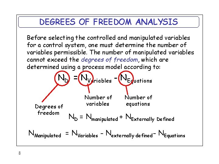 DEGREES OF FREEDOM ANALYSIS Before selecting the controlled and manipulated variables for a control