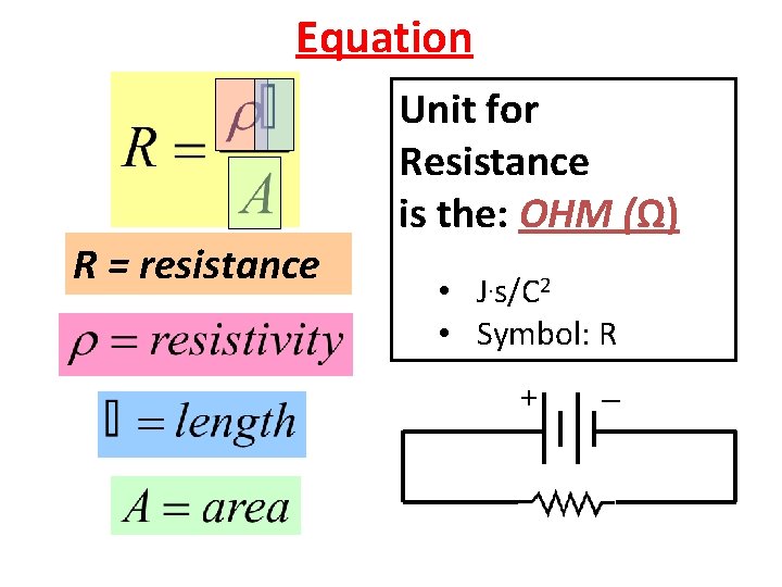 Equation R = resistance Unit for Resistance is the: OHM (Ω) • J. s/C