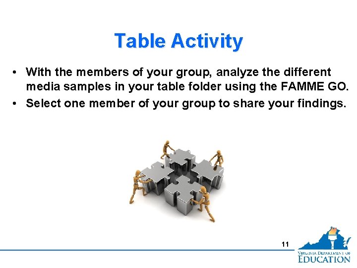Table Activity • With the members of your group, analyze the different media samples