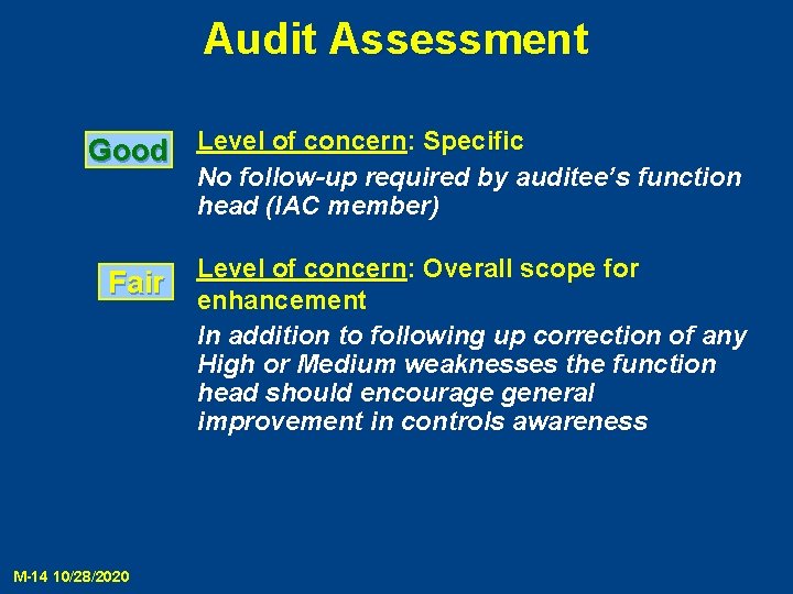 Audit Assessment Good Level of concern: Specific No follow-up required by auditee’s function head