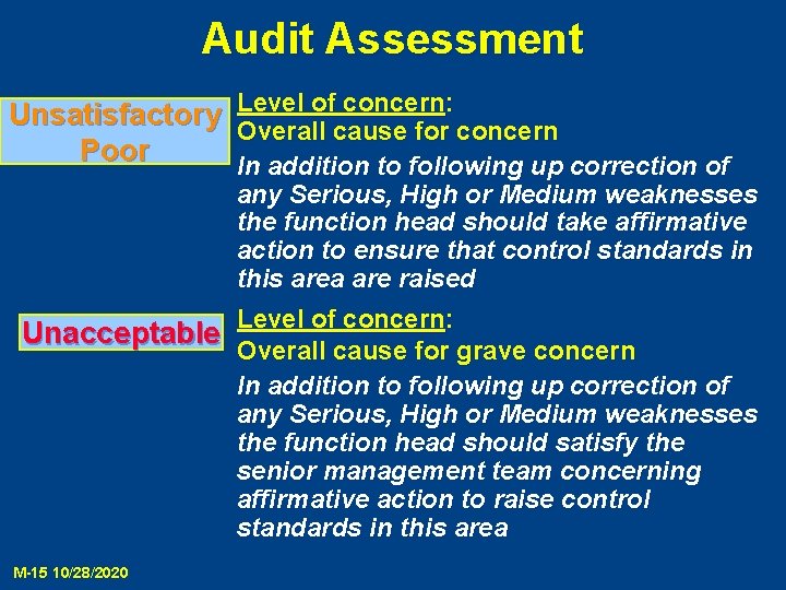 Audit Assessment Level of concern: Overall cause for concern In addition to following up