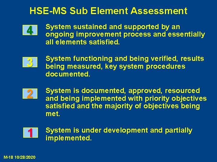 HSE-MS Sub Element Assessment 4 System sustained and supported by an ongoing improvement process