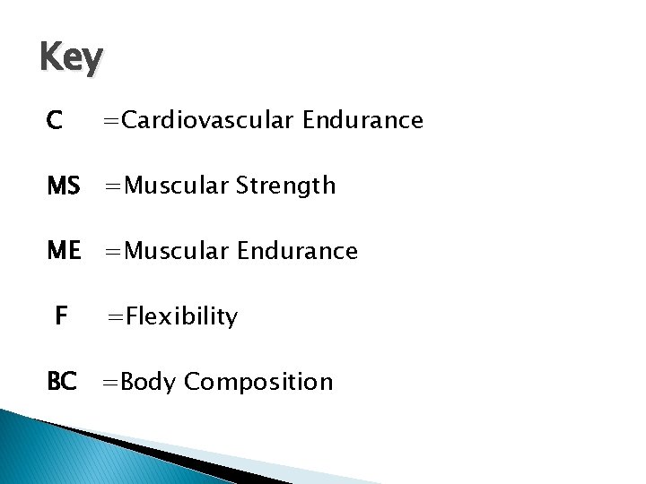 Key C =Cardiovascular Endurance MS =Muscular Strength ME =Muscular Endurance F =Flexibility BC =Body