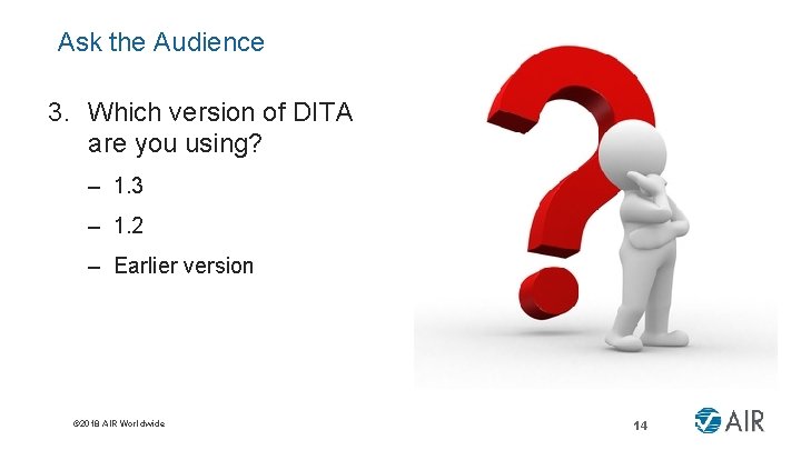 Ask the Audience 3. Which version of DITA are you using? – 1. 3