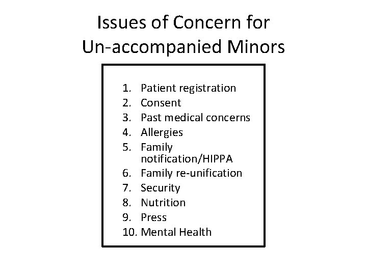 Issues of Concern for Un-accompanied Minors 1. 2. 3. 4. 5. Patient registration Consent