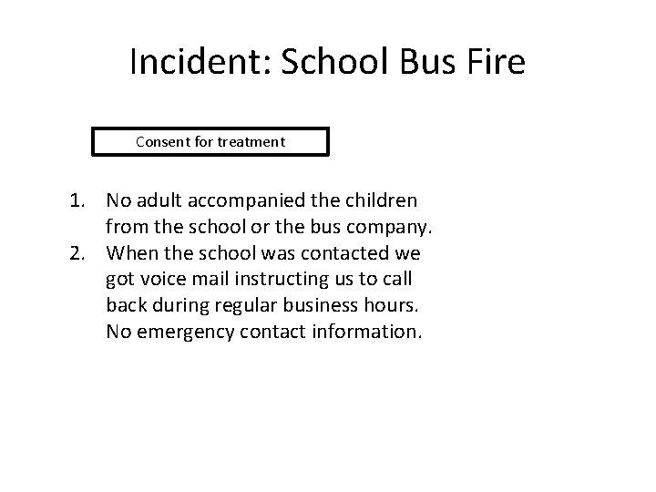Incident: School Bus Fire Consent for treatment 1. No adult accompanied the children from