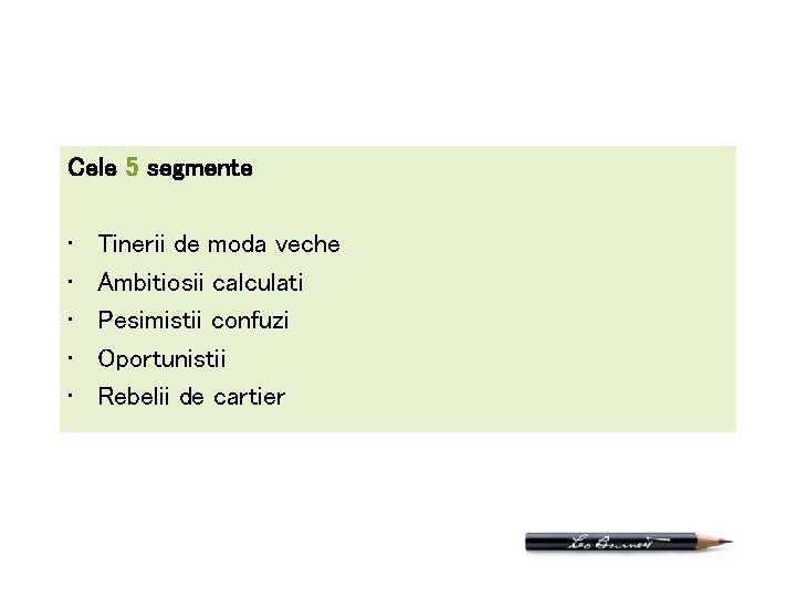 Cele 5 segmente • • • Tinerii de moda veche Ambitiosii calculati Pesimistii confuzi