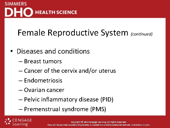 Female Reproductive System (continued) • Diseases and conditions – Breast tumors – Cancer of