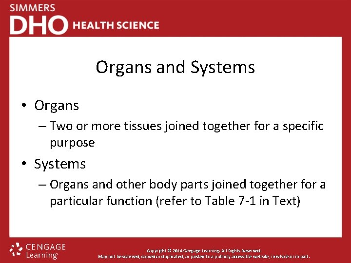 Organs and Systems • Organs – Two or more tissues joined together for a