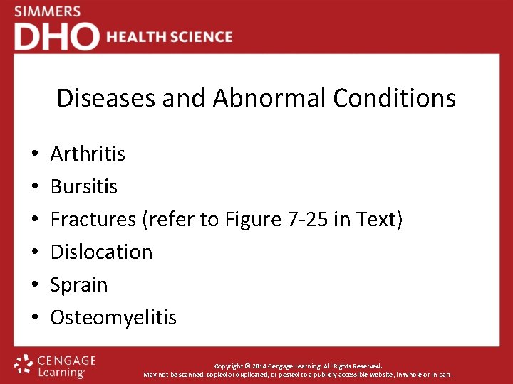 Diseases and Abnormal Conditions • • • Arthritis Bursitis Fractures (refer to Figure 7