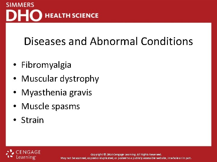 Diseases and Abnormal Conditions • • • Fibromyalgia Muscular dystrophy Myasthenia gravis Muscle spasms