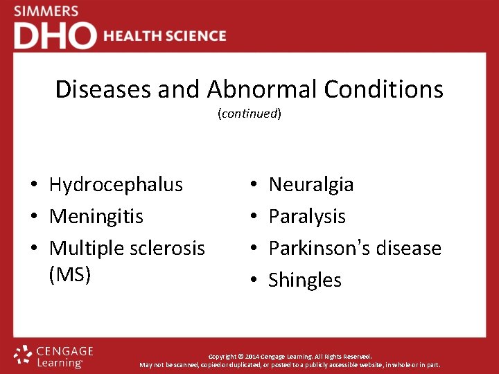 Diseases and Abnormal Conditions (continued) • Hydrocephalus • Meningitis • Multiple sclerosis (MS) •