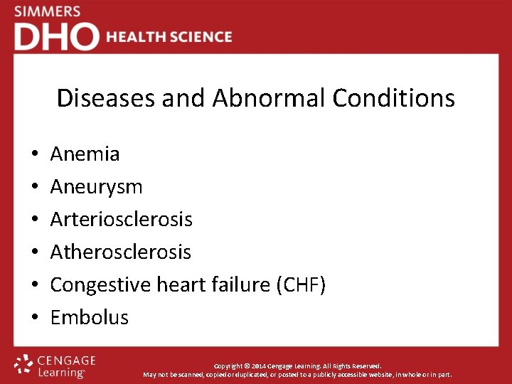 Diseases and Abnormal Conditions • • • Anemia Aneurysm Arteriosclerosis Atherosclerosis Congestive heart failure