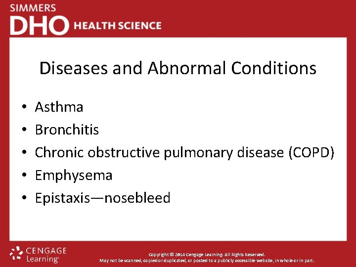 Diseases and Abnormal Conditions • • • Asthma Bronchitis Chronic obstructive pulmonary disease (COPD)