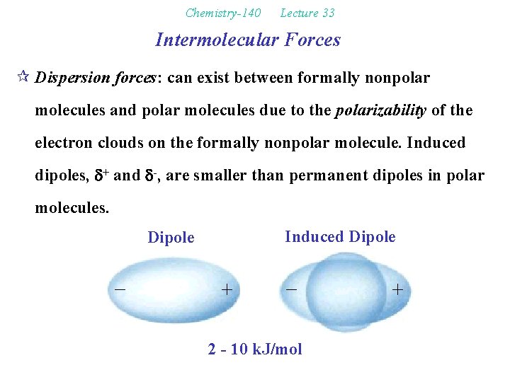 Chemistry-140 Lecture 33 Intermolecular Forces ¶ Dispersion forces: can exist between formally nonpolar molecules