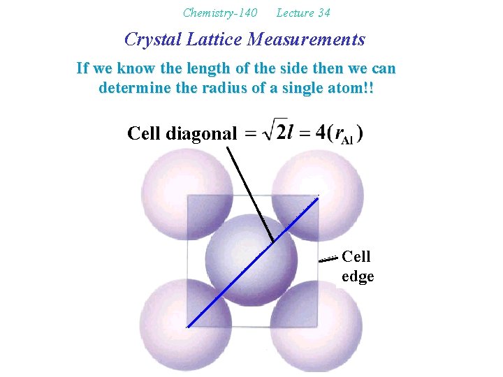 Chemistry-140 Lecture 34 Crystal Lattice Measurements If we know the length of the side