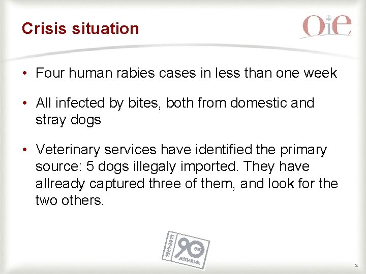 Crisis situation • Four human rabies cases in less than one week • All