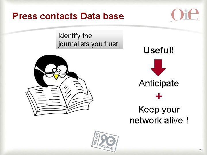 Press contacts Data base Identify the journalists you trust Useful! Anticipate + Keep your