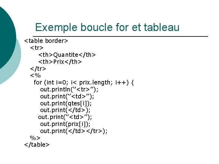 Exemple boucle for et tableau <table border> <th>Quantite</th> <th>Prix</th> </tr> <% for (int i=0;