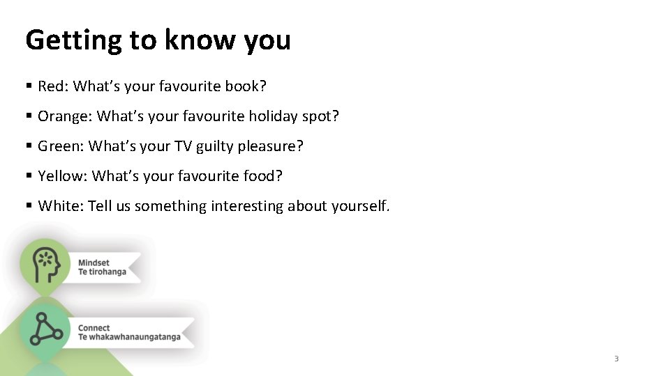 Getting to know you Red: What’s your favourite book? Orange: What’s your favourite holiday