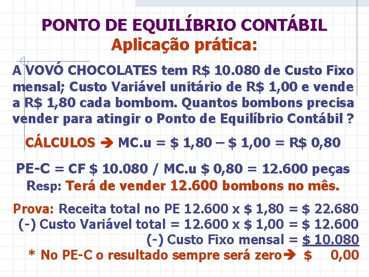 PONTO DE EQUILÍBRIO CONTÁBIL Aplicação prática: A VOVÓ CHOCOLATES tem R$ 10. 080 de