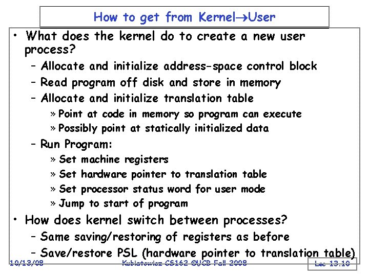 How to get from Kernel User • What does the kernel do to create