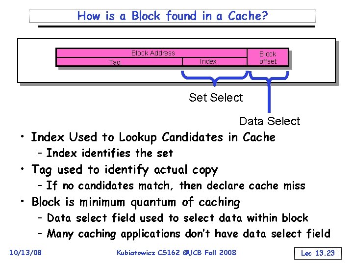 How is a Block found in a Cache? Block Address Tag Index Block offset