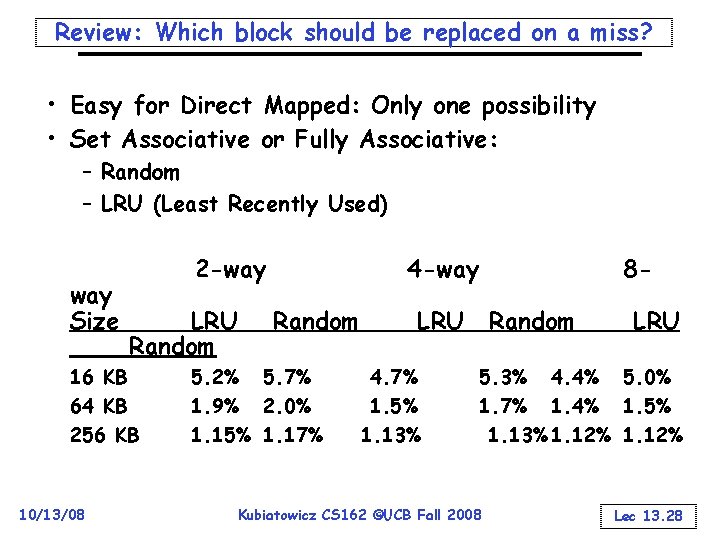 Review: Which block should be replaced on a miss? • Easy for Direct Mapped: