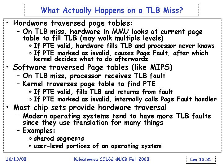 What Actually Happens on a TLB Miss? • Hardware traversed page tables: – On