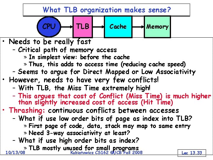 What TLB organization makes sense? CPU TLB Cache Memory • Needs to be really