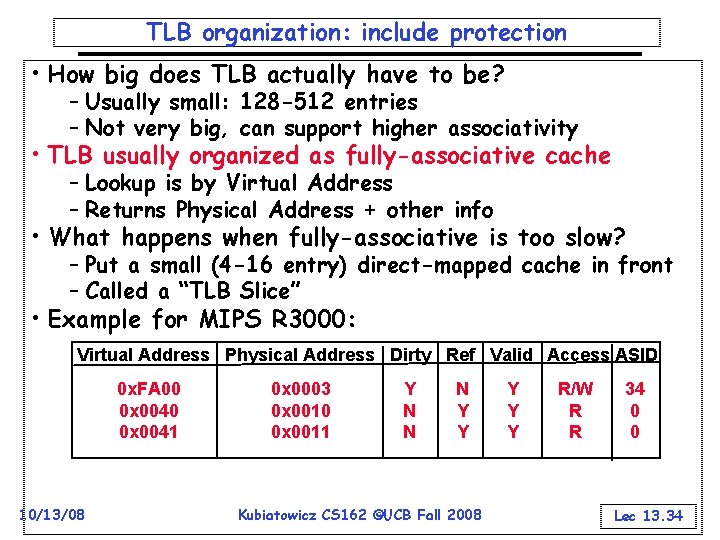 TLB organization: include protection • How big does TLB actually have to be? –