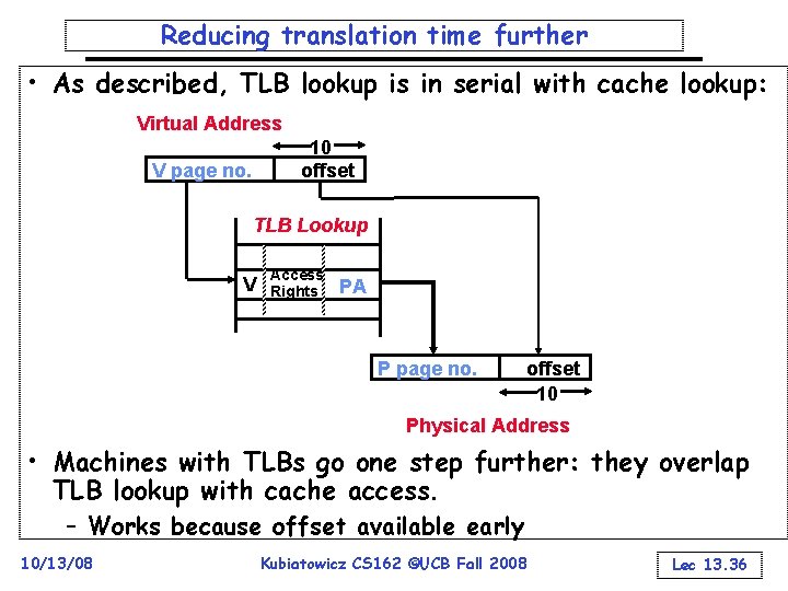 Reducing translation time further • As described, TLB lookup is in serial with cache
