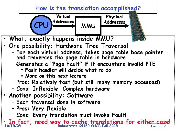 How is the translation accomplished? CPU Virtual Addresses MMU Physical Addresses • What, exactly