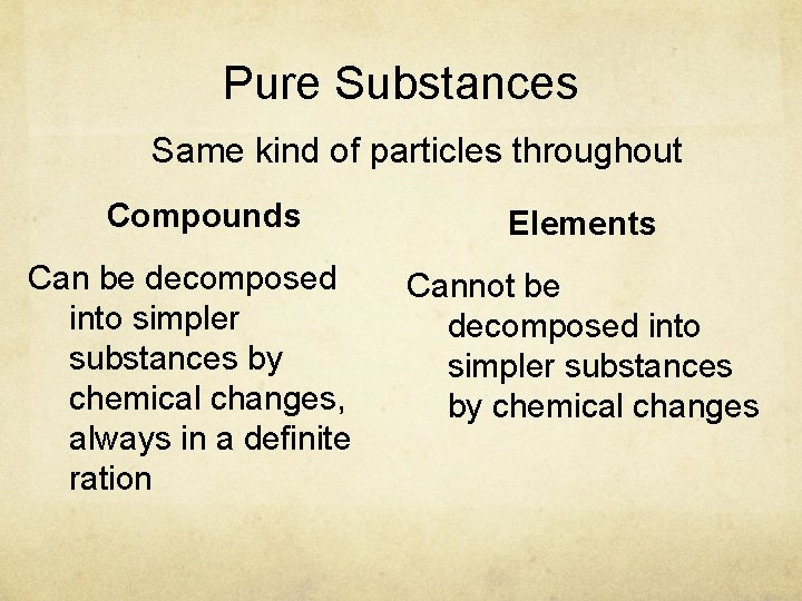 Pure Substances Same kind of particles throughout Compounds Can be decomposed into simpler substances Pure Substances Same kind of particles throughout Compounds Can be decomposed into simpler substances