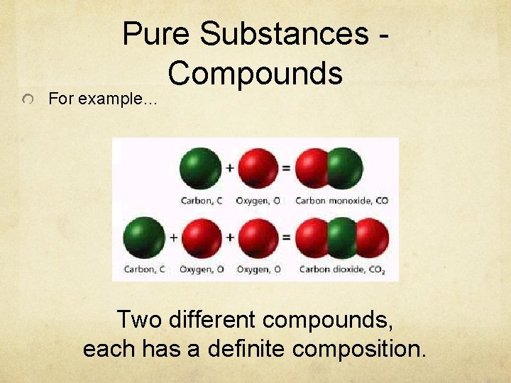 Pure Substances Compounds For example… Two different compounds, each has a definite composition. Pure Substances Compounds For example… Two different compounds, each has a definite composition.