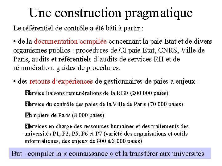 Une construction pragmatique Le référentiel de contrôle a été bâti à partir : •