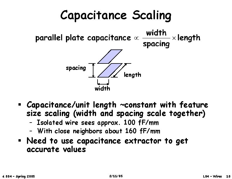 Capacitance Scaling spacing length width § Capacitance/unit length ~constant with feature size scaling (width