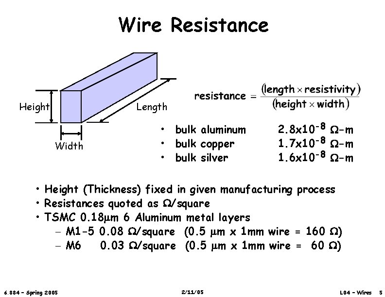 Wire Resistance Height Length Width • bulk aluminum • bulk copper • bulk silver