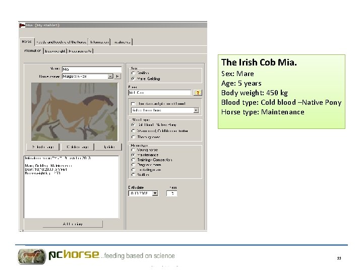 The Irish Cob Mia. Sex: Mare Age: 5 years Body weight: 450 kg Blood