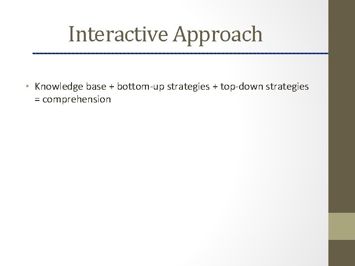 Interactive Approach • Knowledge base + bottom-up strategies + top-down strategies = comprehension 