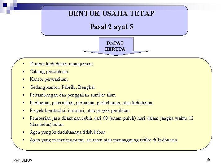 BENTUK USAHA TETAP Pasal 2 ayat 5 DAPAT BERUPA • Tempat kedudukan manajemen; •