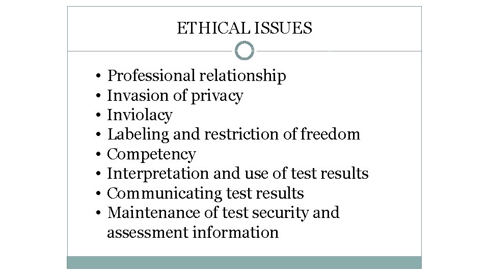 ETHICAL ISSUES • • Professional relationship Invasion of privacy Inviolacy Labeling and restriction of