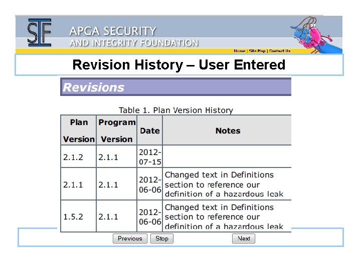Revision History – User Entered 