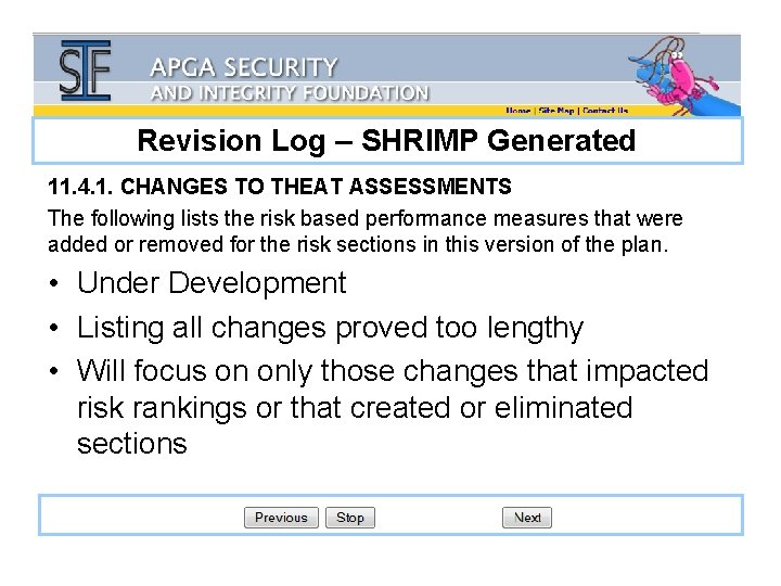 Revision Log – SHRIMP Generated 11. 4. 1. CHANGES TO THEAT ASSESSMENTS The following