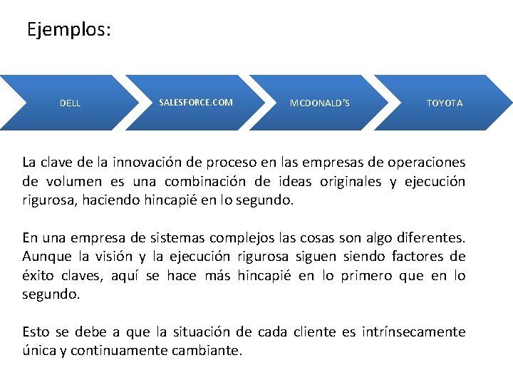 Ejemplos: DELL SALESFORCE. COM MCDONALD’S TOYOTA La clave de la innovación de proceso en Ejemplos: DELL SALESFORCE. COM MCDONALD’S TOYOTA La clave de la innovación de proceso en