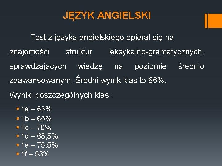 JĘZYK ANGIELSKI Test z języka angielskiego opierał się na znajomości struktur sprawdzających leksykalno-gramatycznych, wiedzę