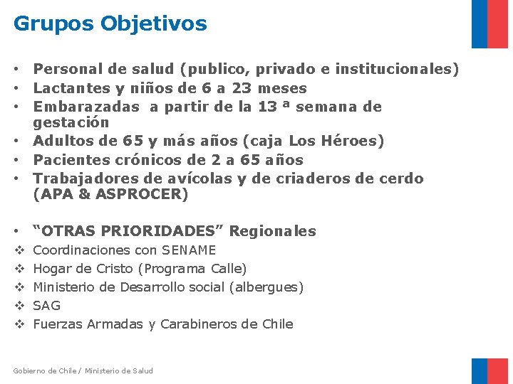 Grupos Objetivos • Personal de salud (publico, privado e institucionales) • Lactantes y niños