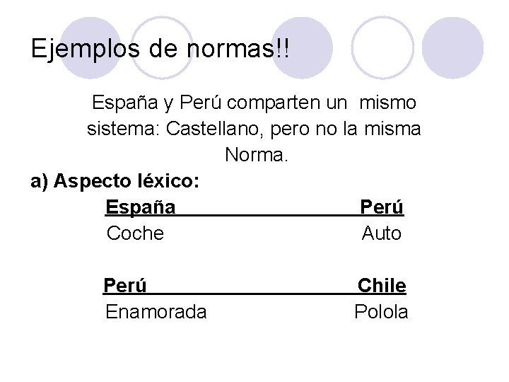 Ejemplos de normas!! España y Perú comparten un mismo sistema: Castellano, pero no la